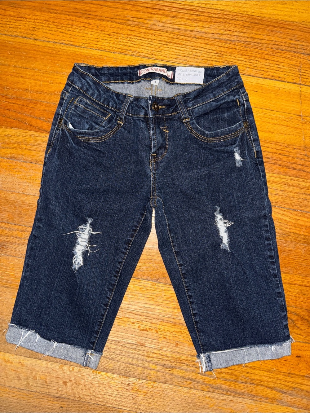 Contraband Women's Dark Blue Distressed Jean Shorts